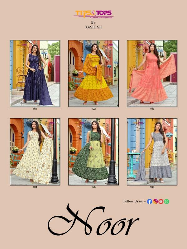 Tips and Tops Party Wear Heavy Rayon Gowns With Printed Dupatta